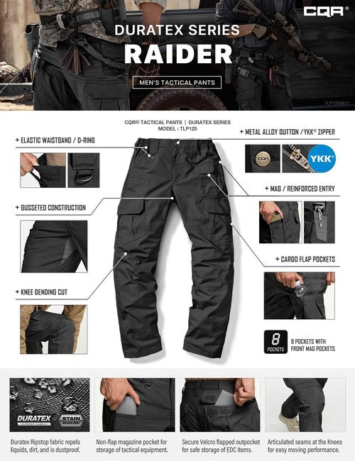 CQR Men's Tactical Pants, Water Resistant Ripstop Cargo Pants, Lightweight EDC Work Hiking Pants, Outdoor Apparel, Duratex Mag Pocket Black, 32W x 32L