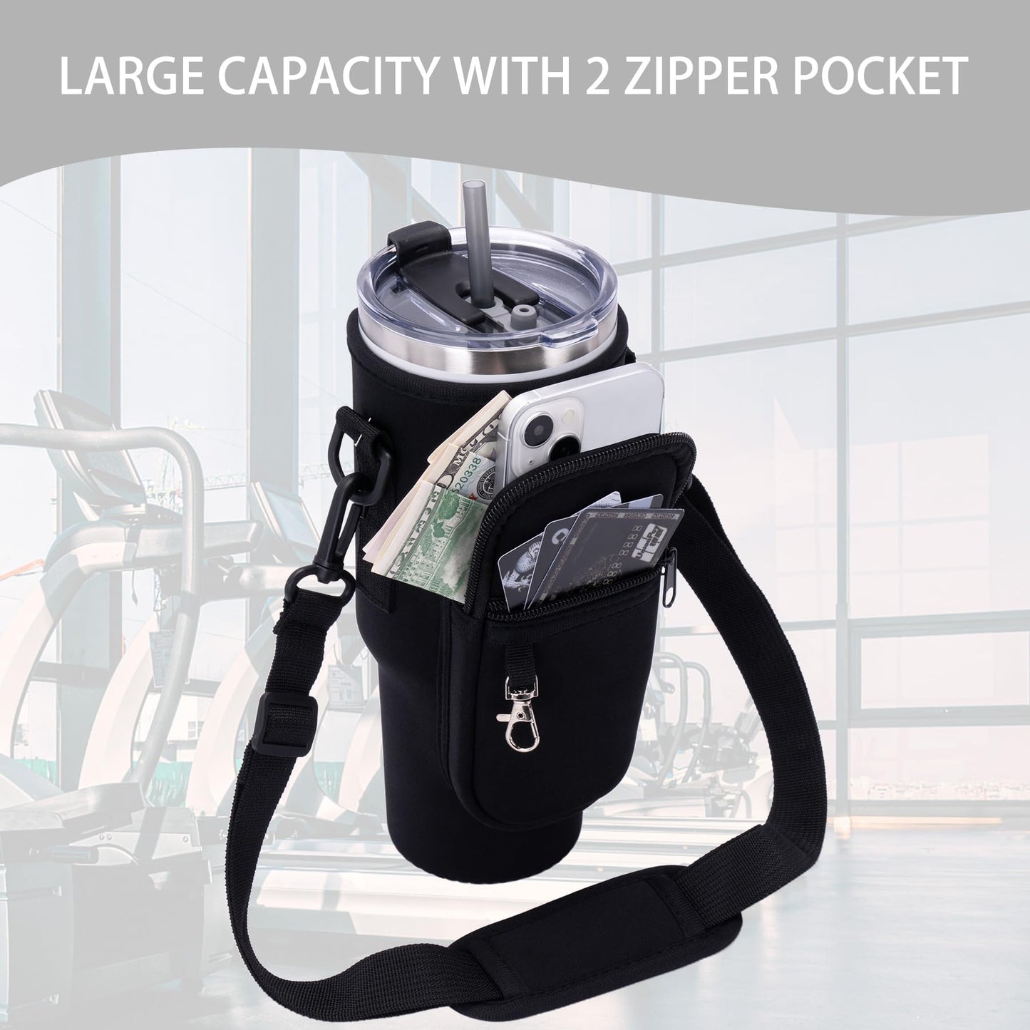 Toptime Water Bottle Carrier Bag with Phone Pocket for Stanley Cup 40 oz, Water Bottle Holder with Adjustable Shoulder Strap, Neoprene Stanley Cup Accessories for Hiking Travelling Camping (Black)