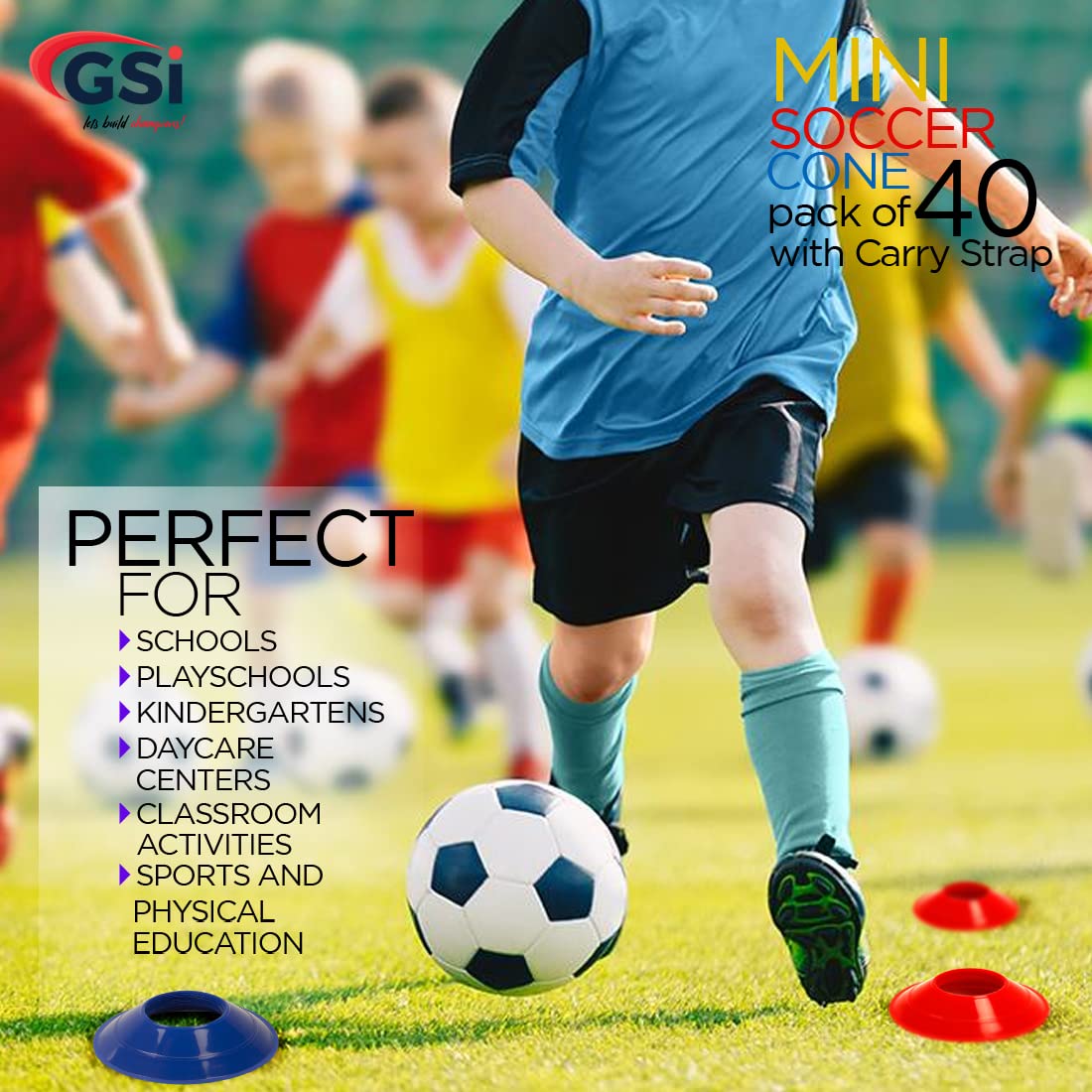GSi Mini Cones for Sports - 40 Pack - 5Inch Diameter for Better Space Utilization - Comes with Shoulder Strap - for Agility Training Drills