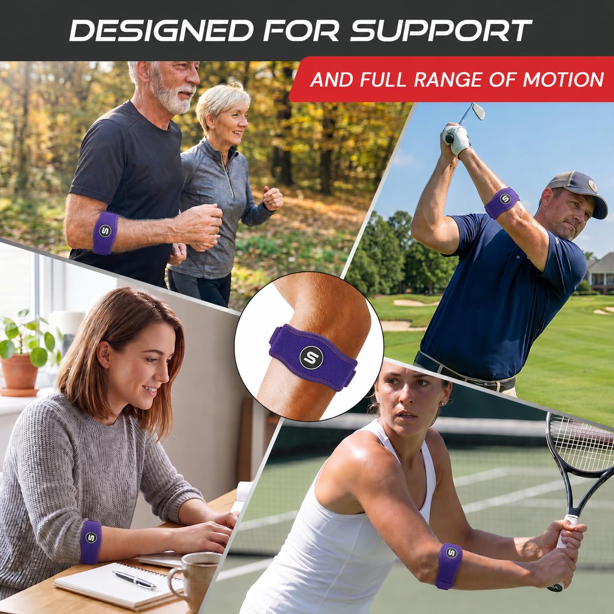 Sleeve Stars Tennis Elbow Brace for Men & Women, Elbow Brace for Tendonitis, Tennis Elbow Strap, Golfers Elbow Brace, Elbow Support Wrap for Tennis Elbow Relief, Fits 9"-23" (Single/Dark Purple)
