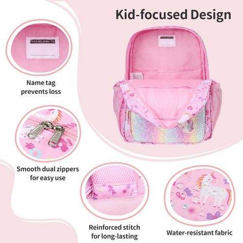 BrainyBees Kids Backpack for Girls - 15 Inch Unicorn Backpack for Kids 3 to 8, School Bookbag for Preschool Kindergarten and Elementary 1st 2nd, Insulated Pocket and Reflective Stripe, Pink Unicorn