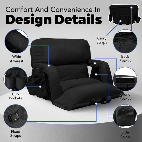 yeyeeyyee Wide Stadium Seats with Back Support, Exclusive Sofa Style Design Extra Thick Bleacher Chairs with Back and Cushion, 6 Reclining Positions - Ultimate Comfort for Sports Events (Black, 25")