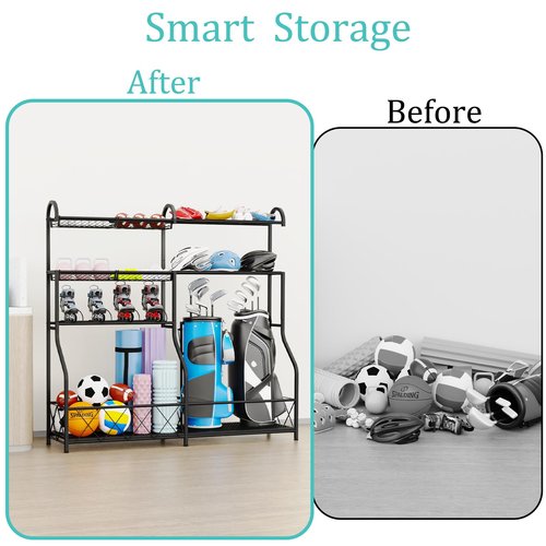 GUOHNHE Sports Equipment Organizer, Matel Ball Storage Garage, Large Golf Bag Rack with 4 Basket, Suitable for Gyms, Stadium and Playgrounds, Black, BST002B