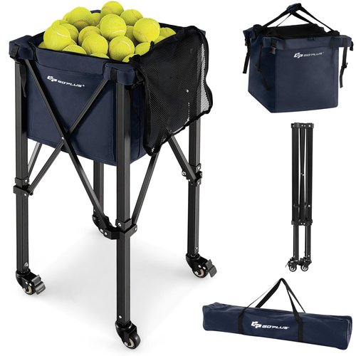 Goplus Foldable Tennis Ball Hoppers, Lightweight Aluminum Tennis Ball Basket with Wheels, Removable Bag, Side Pockets, Carry Bag, Portable Sports Teaching Cart Holds 150 Tennis Balls (Blue) …
