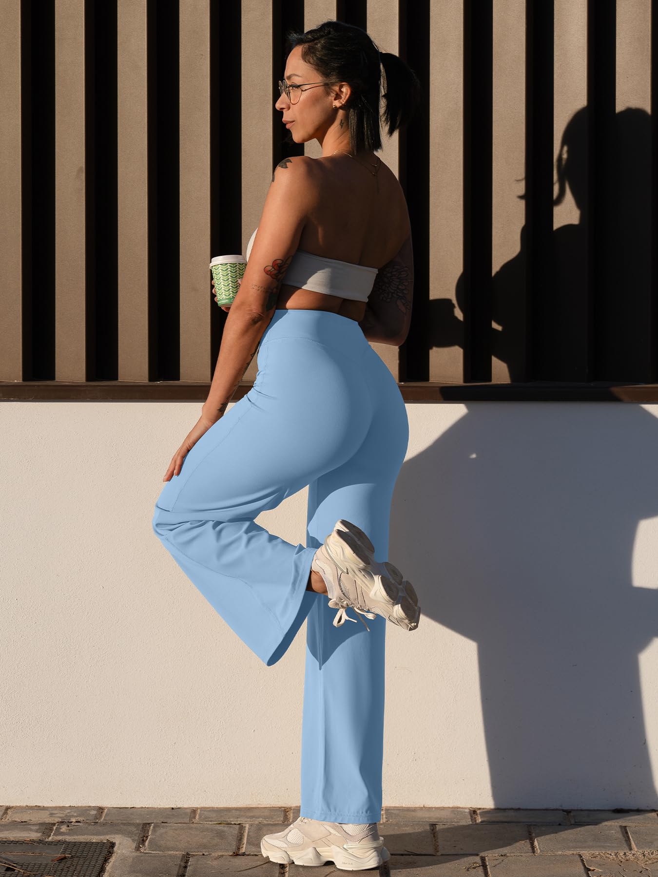 YEOREO Workout Leggings Womens No Front Seam Straight Leggings 29" High Waist Buttery Eddiy Gym Yoga Pants Airy Blue M