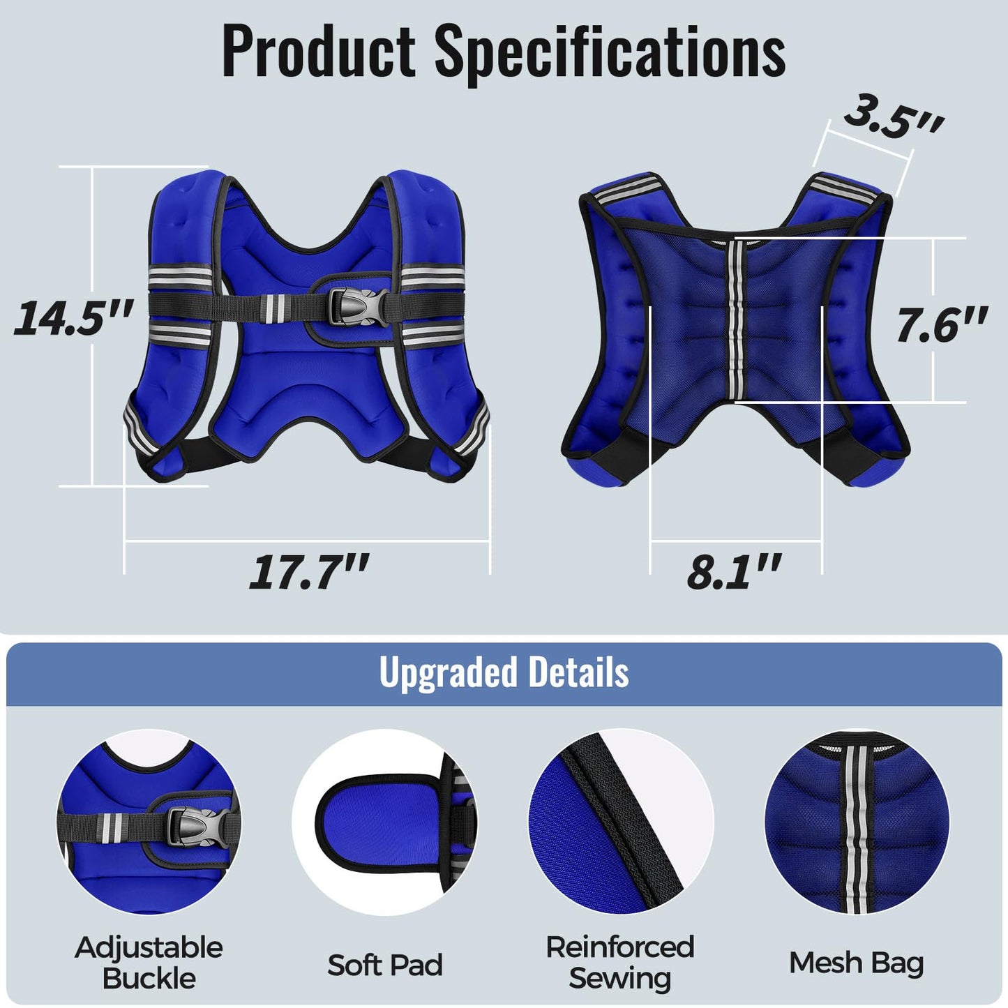 Zeerun Weighted Vest, 6lb/8lb/10lb/12lb/15lb/18lb/20lb/24lb/30lb for Men Women, Reflective Stripe Adjustable Buckle, Comfortable Durable Rucking Vest for Walking Running Strength Training, 12LBS-Blue