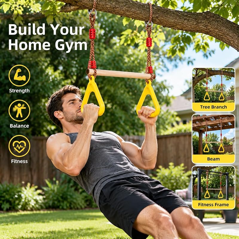 Covzoe Trapeze Bar Swing Set Attachment 16in Wood with 39-67in Rope