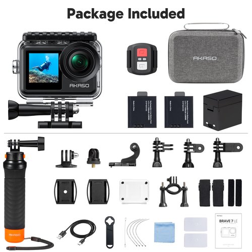 AKASO Brave 7 LE 4K30FPS 20MP WiFi Action Camera with Touch Screen EIS 2.0 Zoom Remote Control 131ft Waterproof Underwater Camera with Waterproof Floating Hand Grip and Carrying Case Bundle