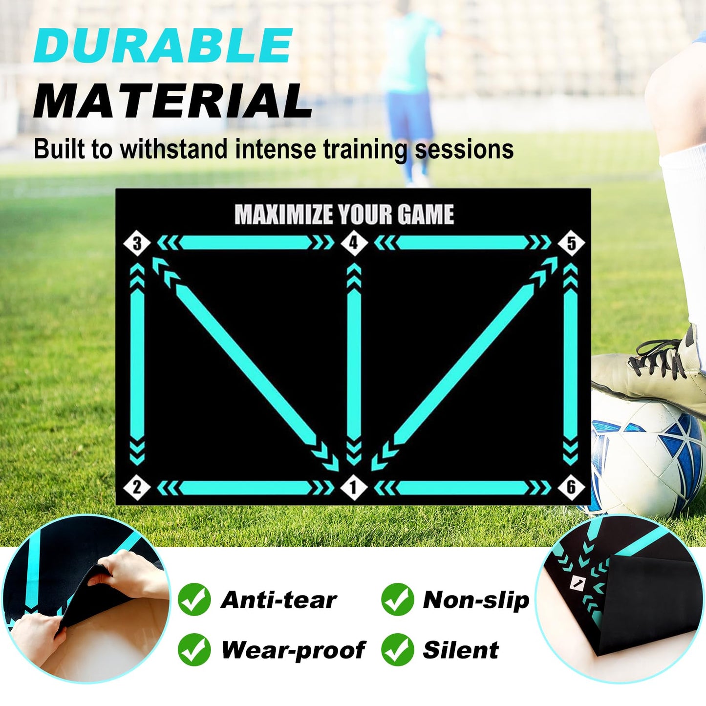 ECENUR Football Footstep Training Mat, Soccer Training Mat 35 * 24IN, Soccer Skills Training Equipment with Storage Bag and Soccer Return Trainer Net (Black-Blue)