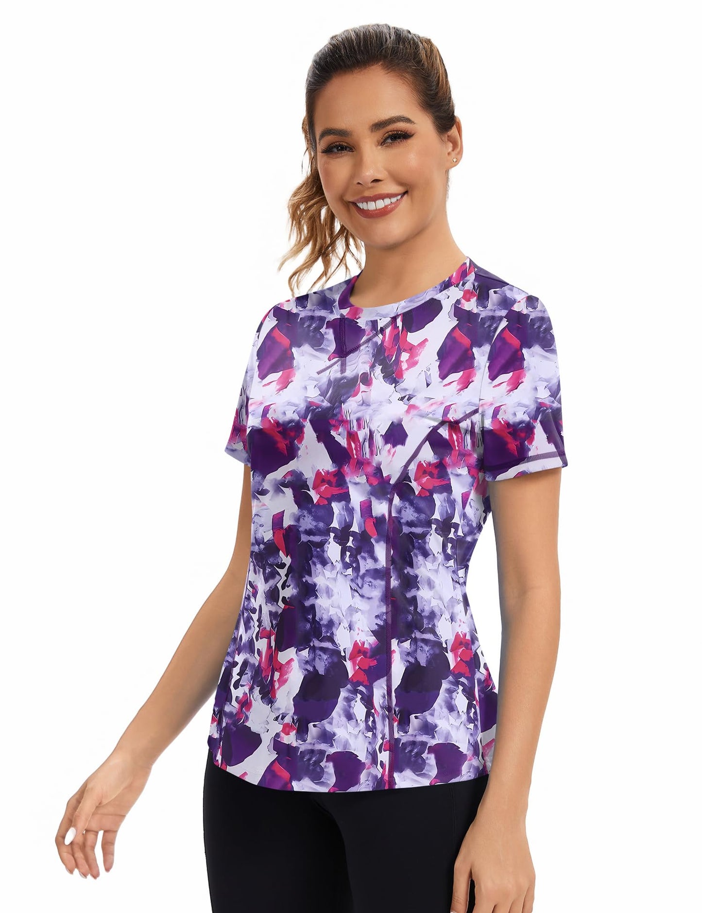 Avoogue Women's Activewear Short Sleeve Workout Tops Quick Dry UPF Sun Shirt Summer Running Hiking Yoga Shirts(Red Purple Colorblock,XL)