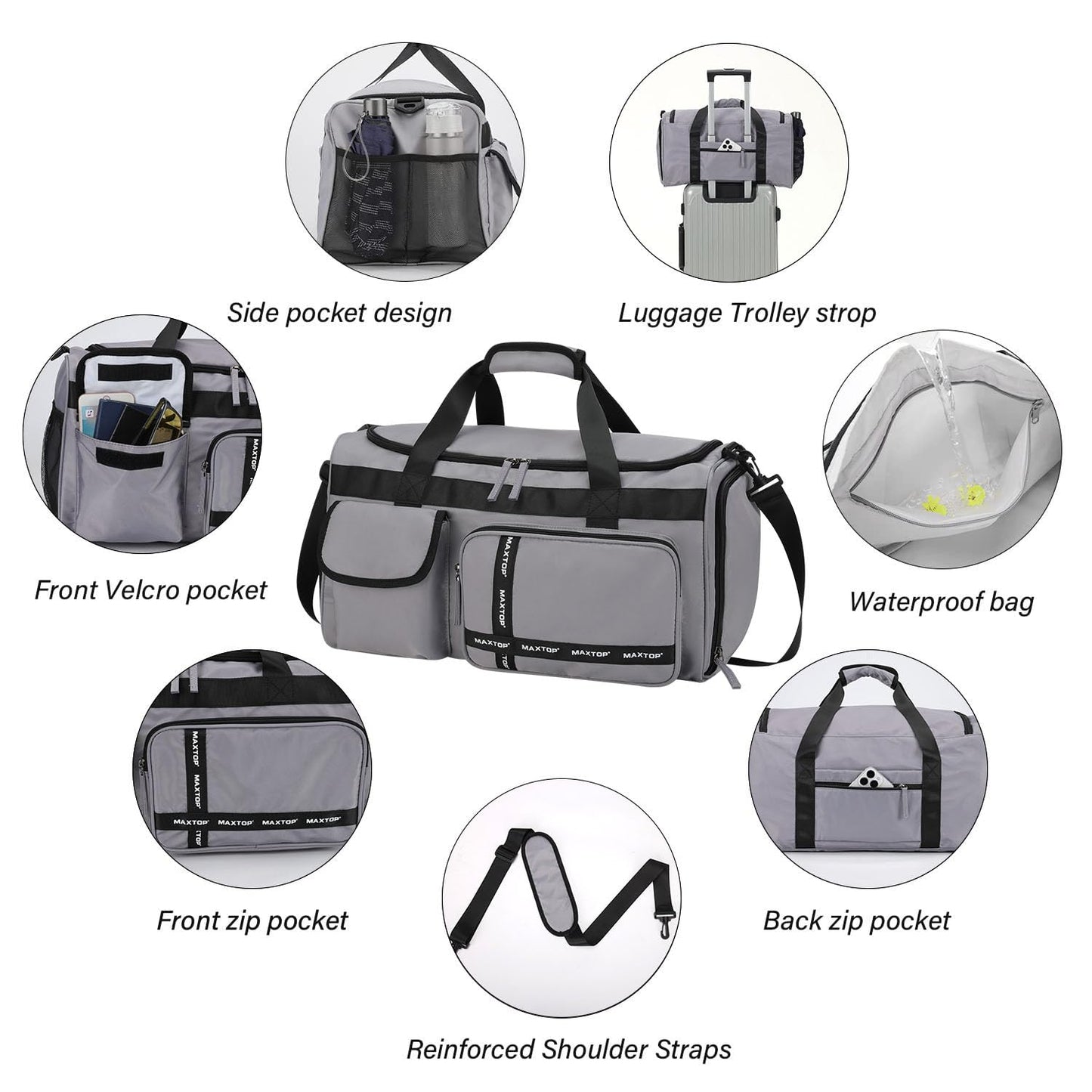 MAXTOP Travel Duffle Bag for Men Women Gym Bag with Shoes Compartment Waterproof Sports Weekend Overnight Travel Bag,Grey