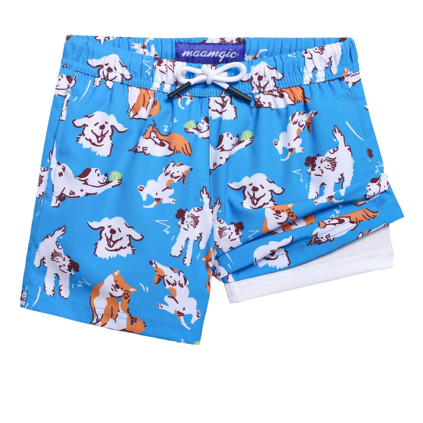maamgic Boys Swim Trunks with Compression Liner Toddler Stretch Swim Shorts Quick Dry Swimming Trunks Boxer Brief 2 in 1 Beach Shorts Blue Doggy 3T