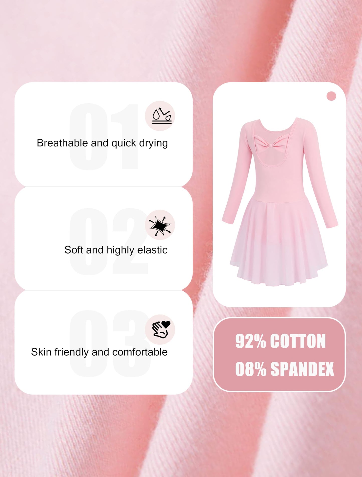MdnMd Long Sleeve Toddler Ballet Leotards for Girls Dance Leotard Skirted Gymnastics Ballerina Dress AM300 (Ballet Pink, 2-4 Years)