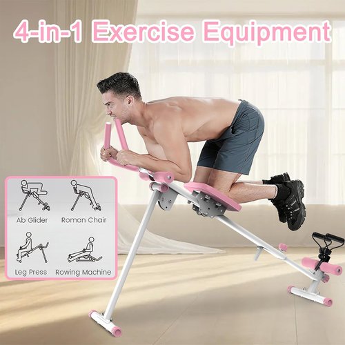 4-in-1 Workout Exercise Equipment, Rowing Machine/Leg Press Machine/Ab Glider Machine/Roman Chair, Fitness Equipment Home Gym for Abdominal & Core Strength Training (Pink)