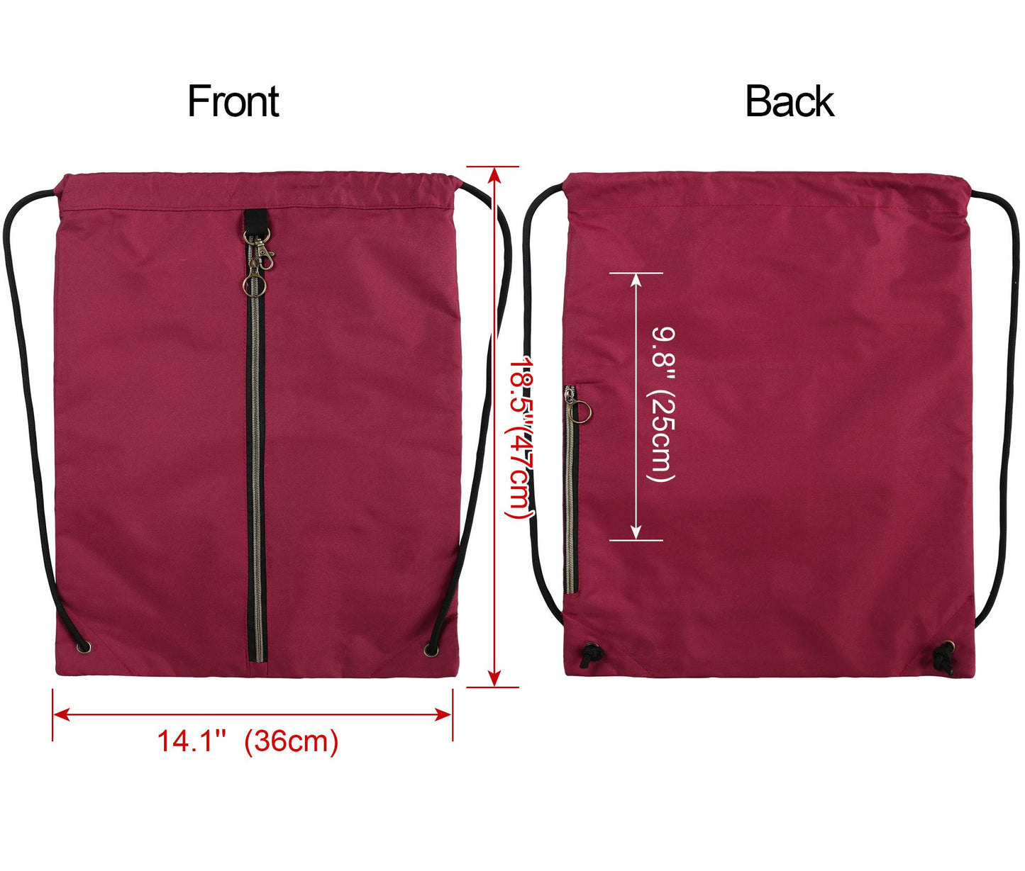 BeeGreen Maroon Drawstring Backpack with 3 Zipper Pocket and 2 Inside Pouch，19.2 "x 15" Large Sports Gym Drawstring bag Draw String Bags Pack