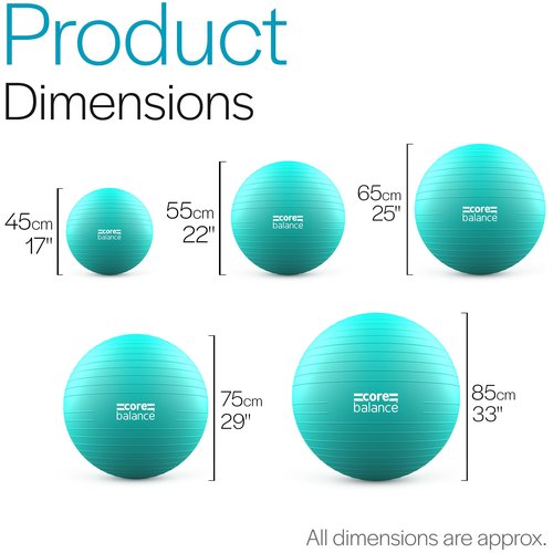 Core Balance Exercise Ball for Workouts, Anti-Burst and Slip Resistant, Swiss Yoga Ball for Pregnancy, Stability, Fitness and Physical Therapy, 4 Sizes, with Pump (22" / 55cm Teal)