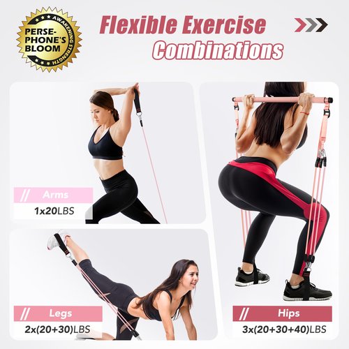 ALongSong Upgraded Pilates Bar Kit with Resistance Bands Natural Latex, Adjustable Exercise Equipment Multifunctional Yoga Pilates Stick for Home Gym Supports Full-Body Workouts,Coral Pink