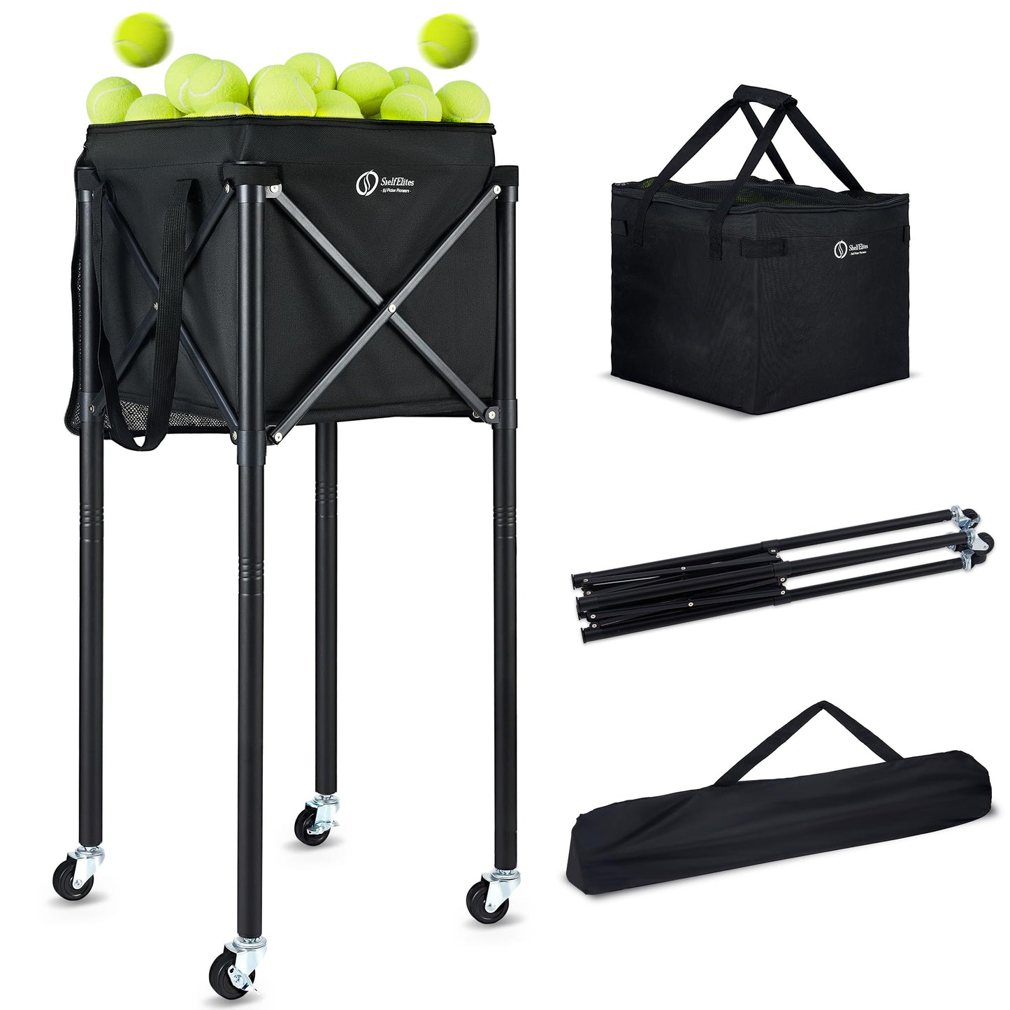 ShelfElites Portable Tennis Ball Hopper & Pickleball Basket, Foldable Tennis Ball Cart with Storage Bag, Multi-Sport Ball Collector for Training & Practice (Big)
