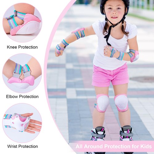 FIODAY Kids Knee and Elbow Pads Wrist Guards Adjustable Protective Gear Set for Girls Boys Inline Skating Biking Skateboard Scooter, Pink, 3-8 Years
