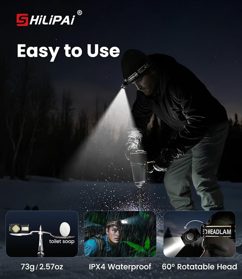 LED Rechargeable Headlamp 6 Modes USB-C, 120° Wide Beam, IPX4 Headlight for Camping & Hiking (Black)