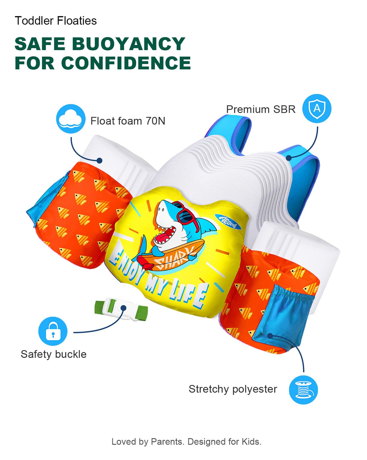 AEOCOO Puddle Float Jumper 30-50-60-66 Pounds, Toddler Swim Vest for 2-3-5-7 Years Old, Pool Floats with Swimming Arm Floaties Swim Jacket for Kids Swimmies, Boys, Girls, Niños, Shark