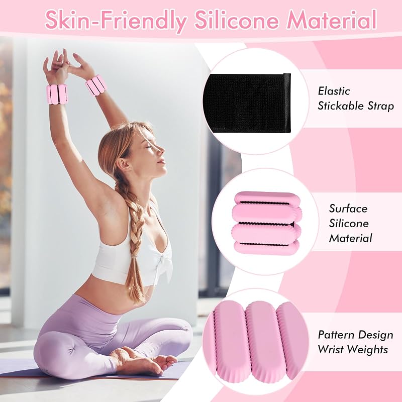 Pink Adjustable Wrist Ankle Weights 2 lb Set for Men Women - Silicone Comfort Fitness