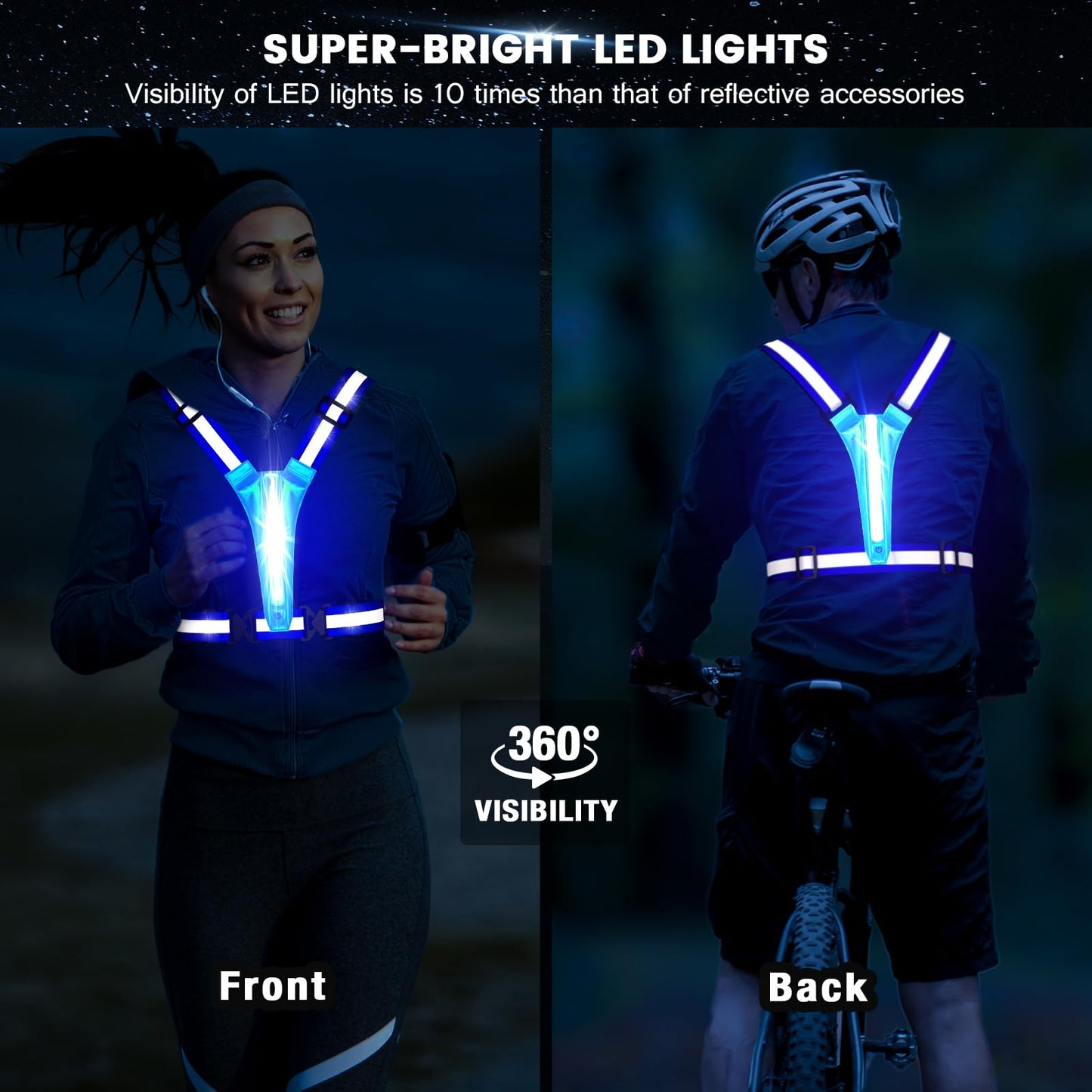Fokia Kunbio LED Reflective Running Vest Gear,Light Up Vest Runners Night Walking USB Rechargeable,Up to 11hrs Light with Adjustable Waist/Shoulder for Women Men Kids (Blue)