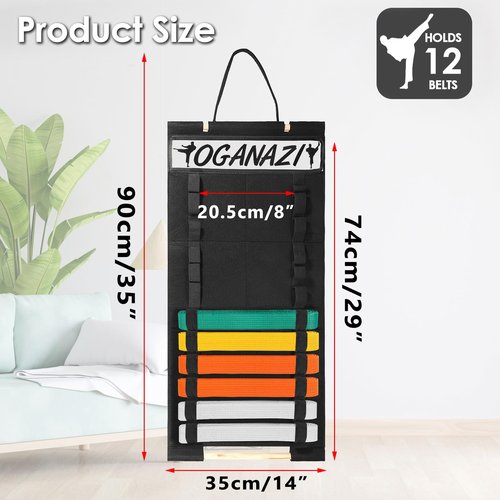 OGANAZI 12 Belts Karate Belt Display Rack with Personalized Stickers, Taekwondo Belt Display Holder with Bamboo Medal Rack, Felt Jiu Jitsu Belt Hanging Holder for Taekwondo, Karate, BJJ Learners