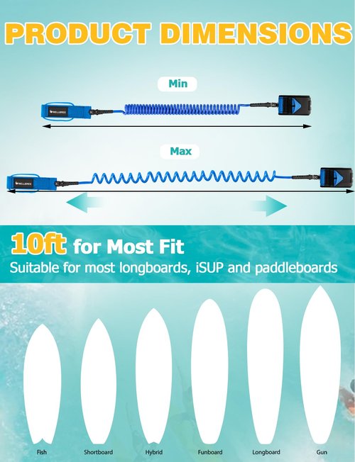 Mellbree Surfboard Leash, 2Pack 10 FT Tangle-Free Boogie Board Leash for Sups, Paddle Boards 7mm Anti Fracture with Comfortable Ankle Cuff Accompanying Surfers for Safer Surfing, Blue