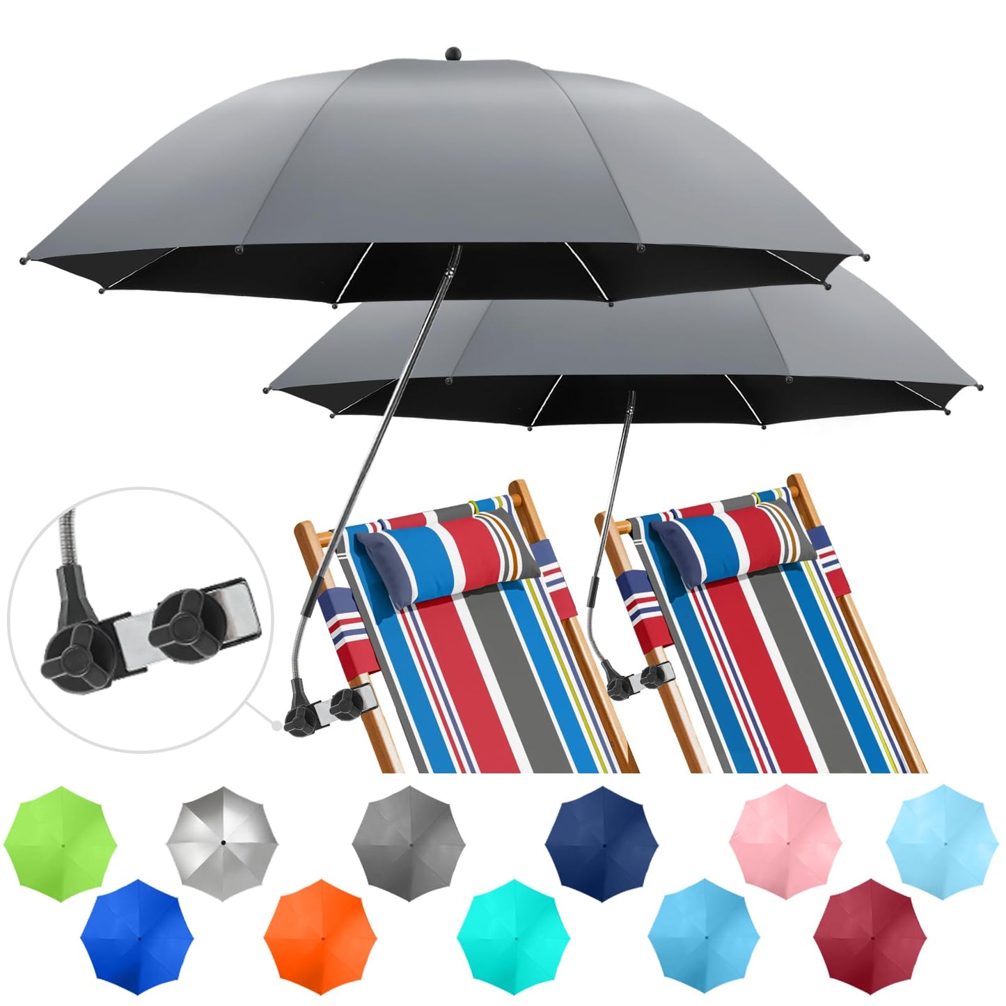 NBtoUS 2 PACK Chair Umbrella with Clamp, 360 ° Adjustable, UPF50+ Sunshade for Beach Chair, Patio Chair, Camping Chair, Golf Carts（Grey, Chair Not Included
