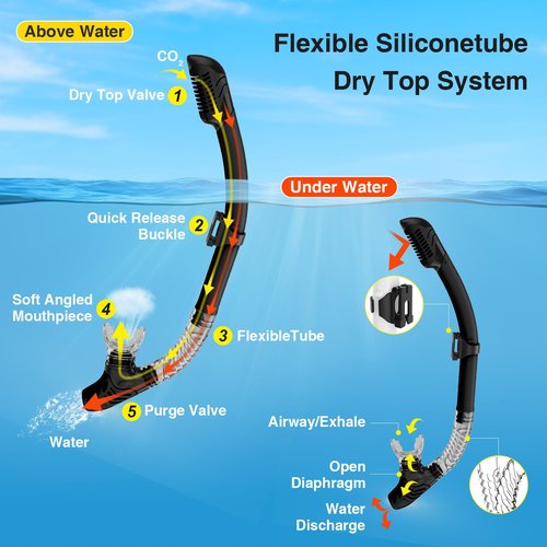 MELUMILU Snorkeling Gear for Adults, Dry Snorkel Set Blue Electroplated 180° Panoramic Wide View Anti-Fog Scuba Diving Mask, Professional Snorkel Gear for Swimming, Diving (Black)