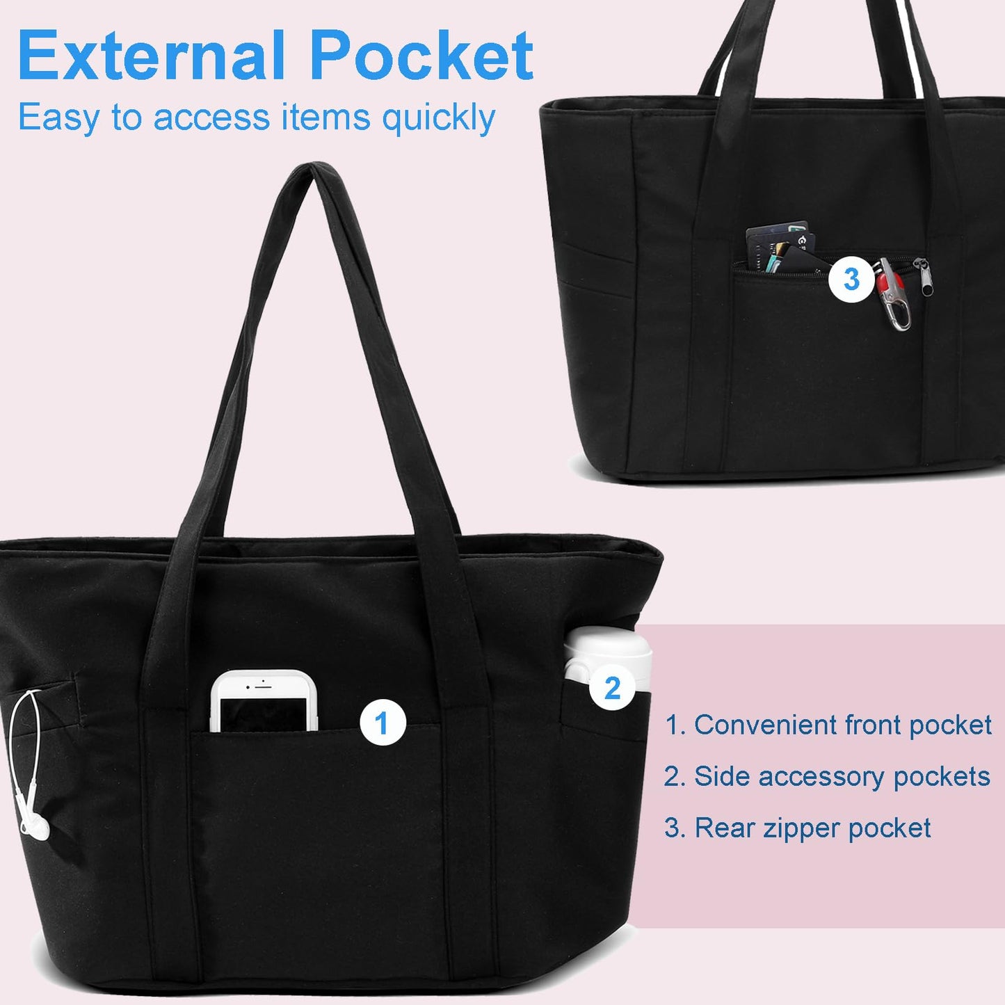 CTWWFS Large Tote Bag for Women with Zipper, Nylon Lightweight Work Tote with 15.6" Laptop Sleeve, Nurse Bag for Work College (Black)
