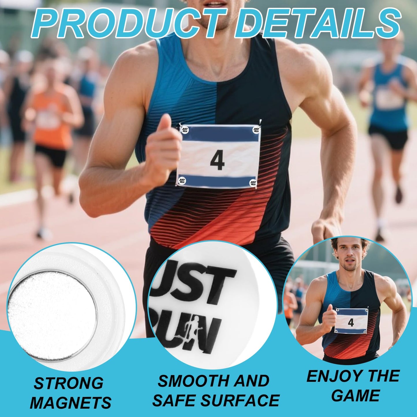 Tinoaly 4 Pairs Magnetic Race Bib Clips, Running Bib Holder Marathon Race Number Board Snaps Fixing Magnets for Runners