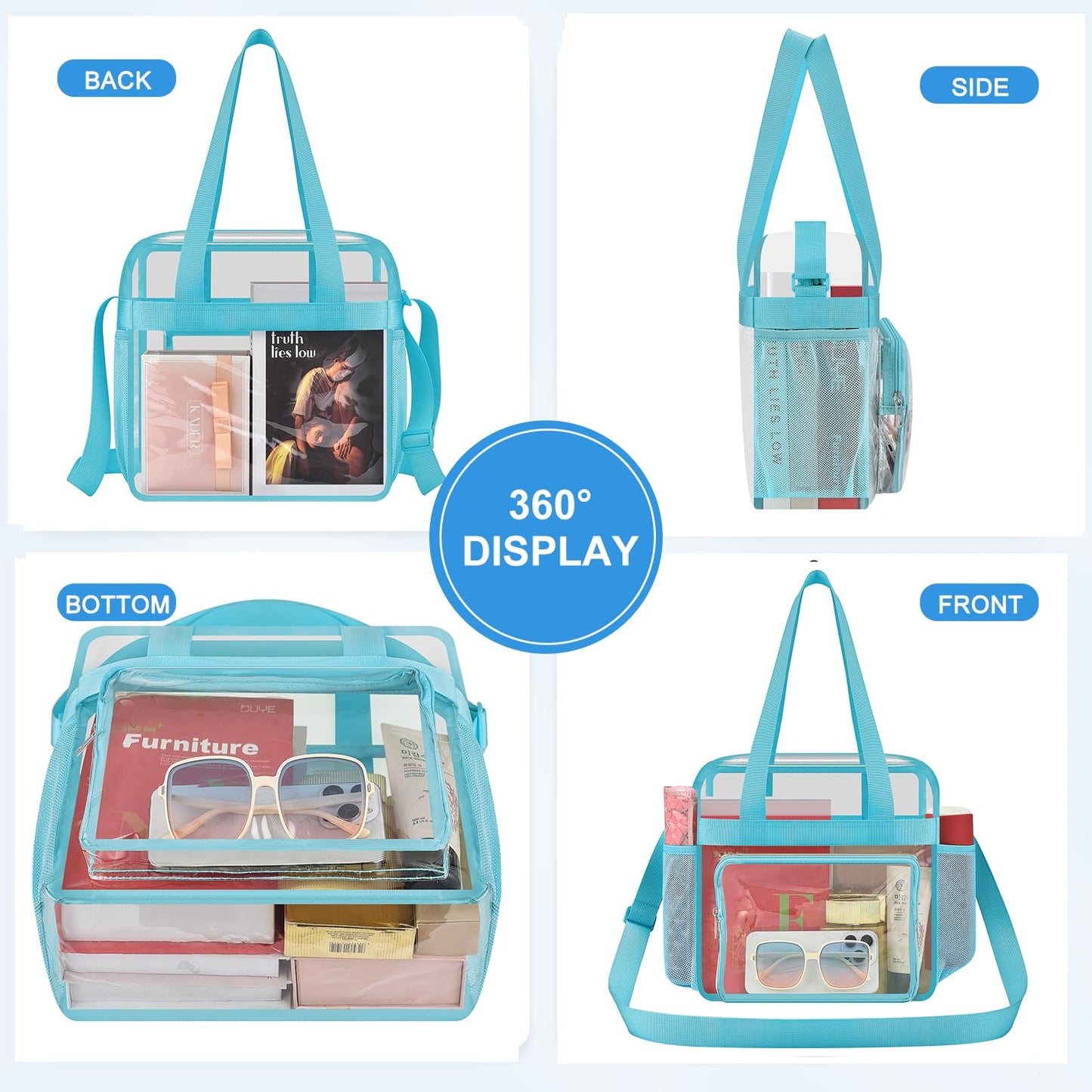 Busiuw Clear Bag for Stadium Events, Stadium Approved 12x12x6 Clear Tote Bag with Reinforced Straps for Sport Fan, Work Concert Travel(Aqua)