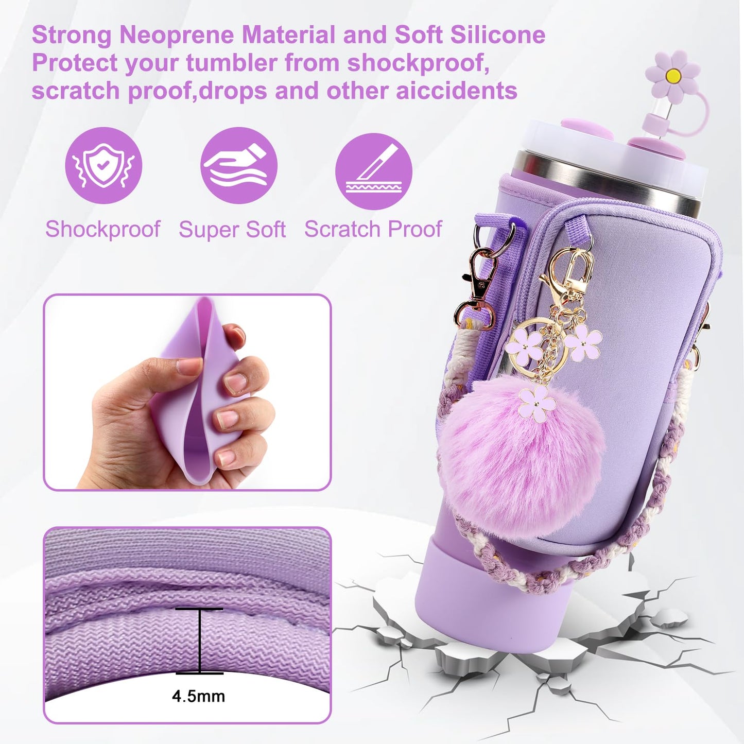 3tyto Stanley Cup Accessories Set Including Water Bottle Holder With Strap,Straw Cover,Stanley Charms,Silicone Boot for Stanley 40oz 30oz Tumbler (Purple)