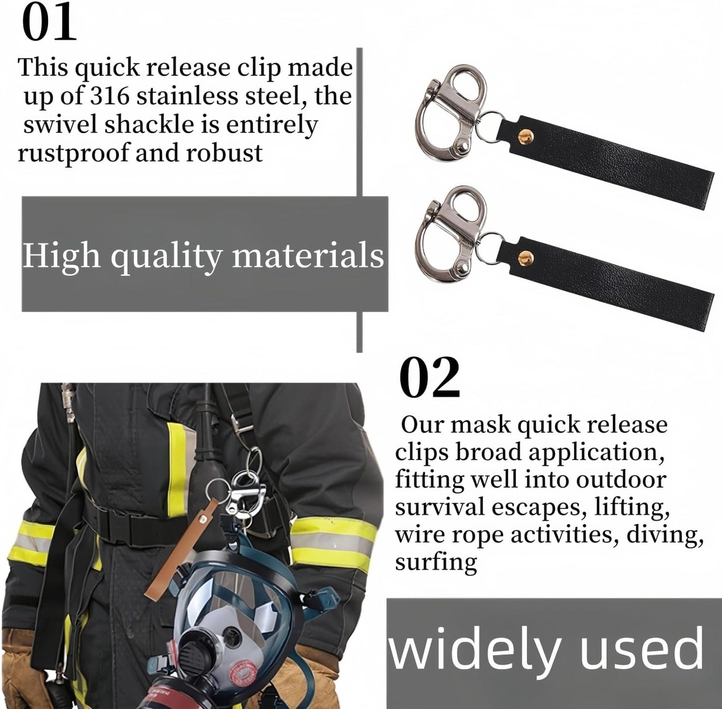 2 Pack Quick Release Clip Shackle,Firefighter Accessories,Marine Grade 316 Stainless Steel Shackle for Rigging with Leather Handle (Black)