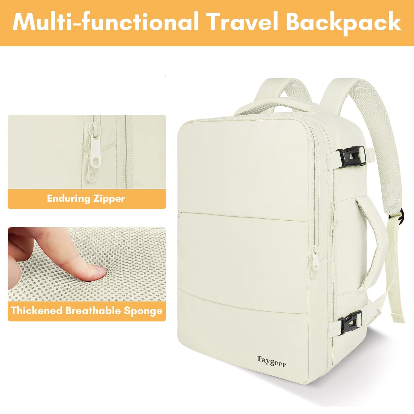 Taygeer Large Travel Backpack, 17 inch Laptop Backpack for Women, Airline Approved Personal Item Mochila, 40l Lightweight Luggage Carryon Work Bag for friend and Ladies Business Travel Hiking, Beige