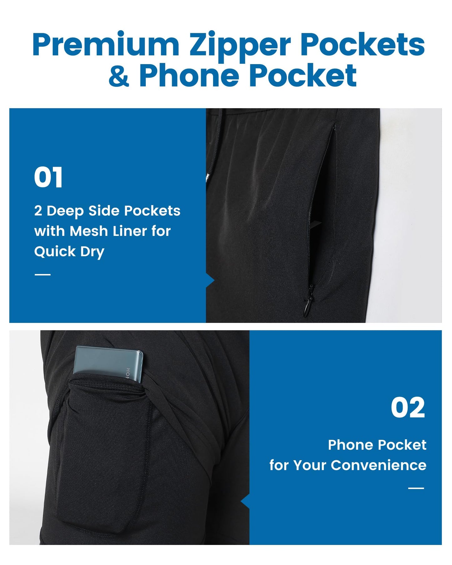 maamgic 5inch Mens Swimming Trunks with Compression Liner 2-in-1 Swim Trunks Stretch Quick Dry Swim Shorts Zipper Pockets Black and Black Large