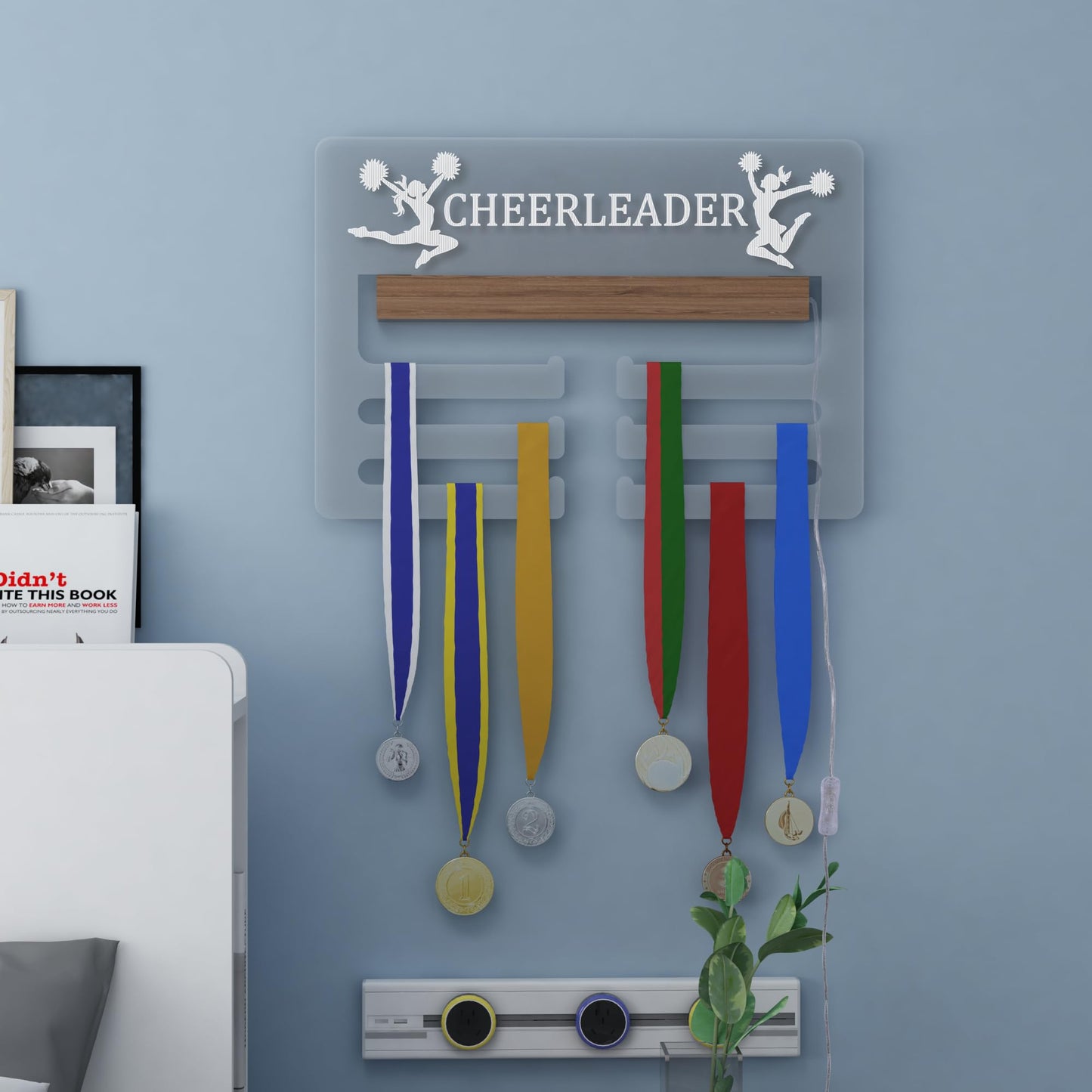 Ammonite Light up Cheerleader Medal Hanger Display, Holder Rack for Awards or Ribbons, Sports Themed Ribbon Holder for Wall, Tiered Award Rack