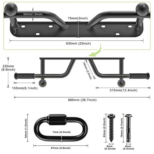 BeneLabel Wall Mounted Pull Up Bar 440 LBS Capacity Multifunctional Doorway Pullup Bar Beam or Joist Mount Chin Up Bar with Resistance Band Hooks and Ball Finger Training