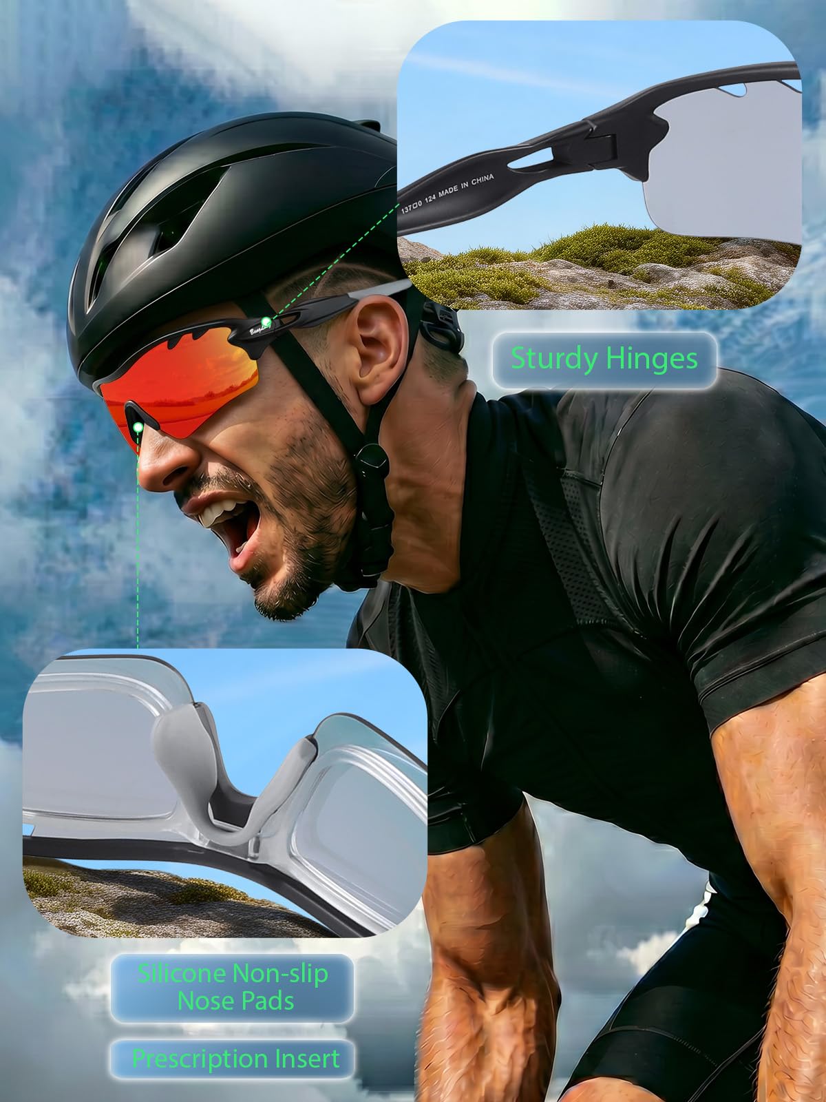 BangLong Polarized Cycling Sunglasses for Men Women, 26g Sports Sunglasses with 5 Interchangeable Lenses, UV400 Lightweight Bike Glasses with Prescription Insert for Running Fishing Baseball Driving