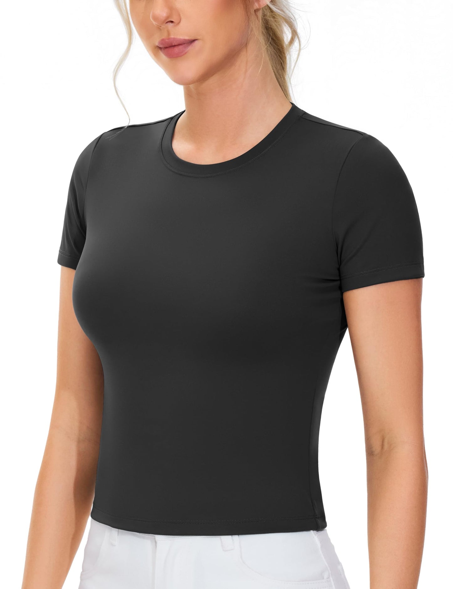 THE GYM PEOPLE Women Workout Crop Tops Short Sleeve Slim Fit Yoga T Shirt