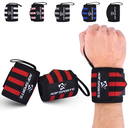 AQF Power Weight Lifting Wrist Wraps Supports with Thumb Loop for Gym Strength Training, Powerlifting, Bodybuilding and Deadlifts (Red & Black, 18")