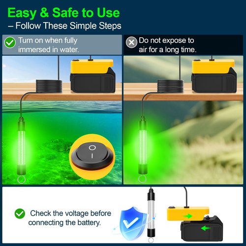 LED Underwater Fishing Light Compatible with for DeWalt 20V Battery（Battery Not Included）, 1300 Lumens, IP68 Waterproof Submersible Green Fish Attractor Light for Night/Ice/Boat Fishing