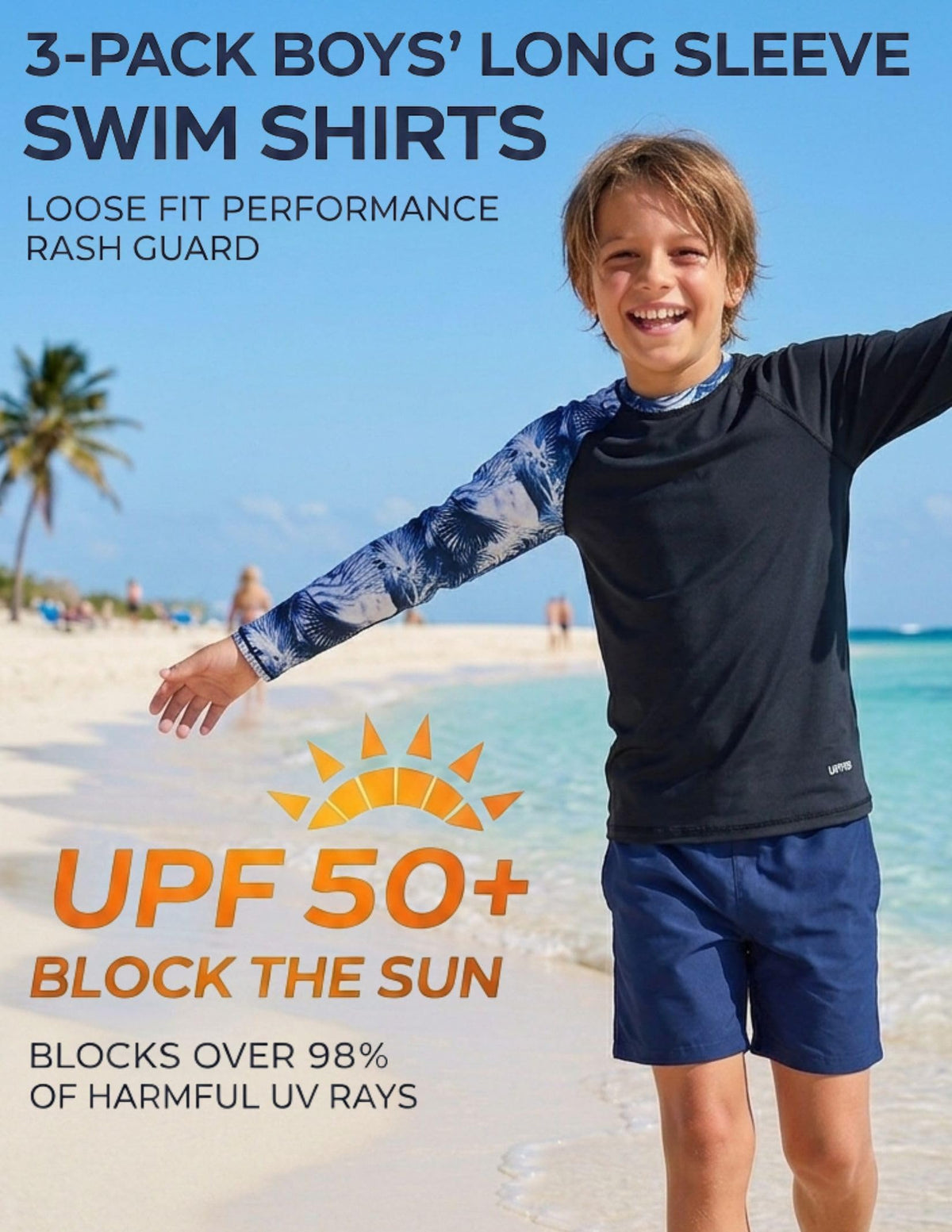 3 Pack Boys' UPF 50+ Rash Guard Long Sleeve Swim Shirts, Quick Dry UV Protection Swimwear for Kids (Set 2, X-Small)