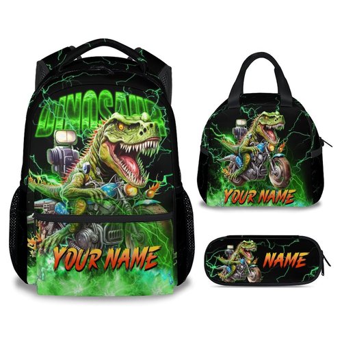 Personalized Backpack with Lunch Box, Dinosaur Backpacks for Boys, 17 Inch Custom Kids School Bag Set, Motorcycle Bookbags for Elementary