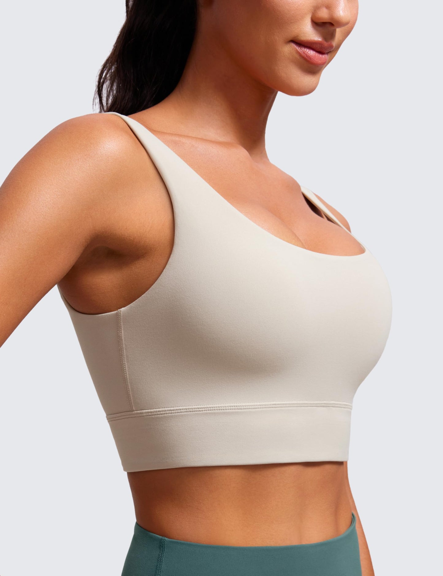 CRZ YOGA Butterluxe U Back Longline Sports Bras for Women - Scoop Neck Padded Yoga Workout Crop Top with Built in Pads Mojave Tan Large