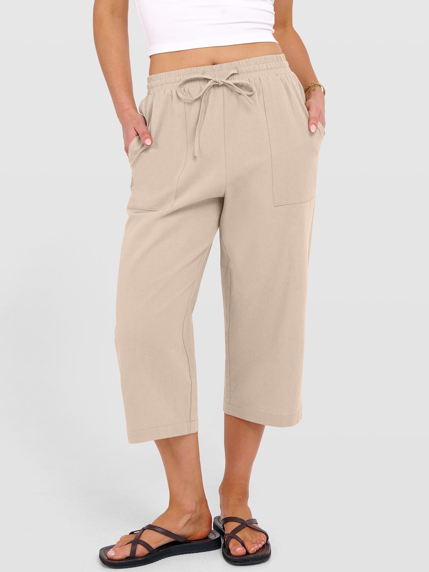 ANRABESS Capris Pants for Women Summer Casual Loose Drawstring Elastic High Waist Straight 2026 Lounge Beach Cropped Trousers Large Light Beige