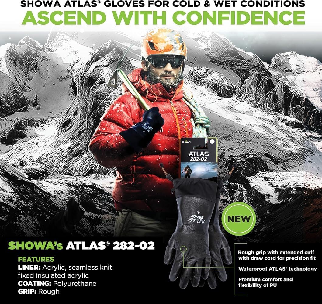 SHOWA TEMRES 282-02 Waterproof Insulated Winter Work Gloves, Breathable Polyurethane, Integrated Drawstring Gaiter Snow Cuff, Thermal Fleece for Skiing, Ice Fishing, Black, Medium, 1 Pair
