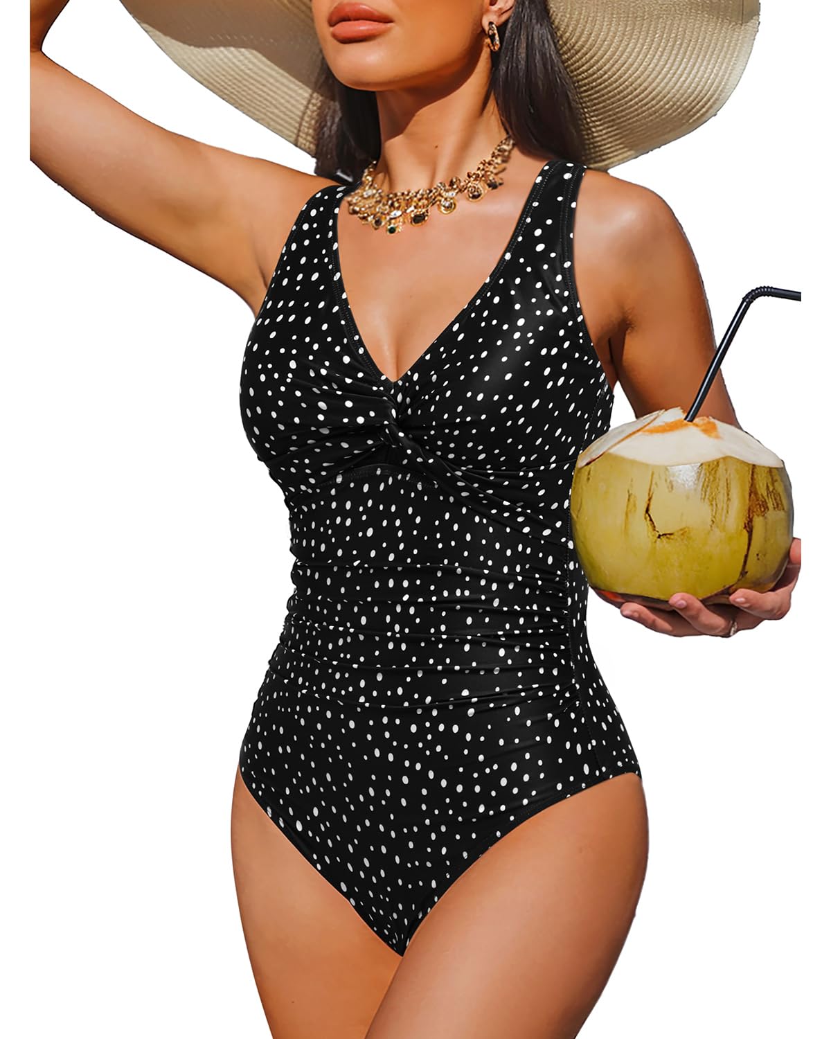 Holipick Black Dot Women Tummy Control One Piece Swimsuit - Push Up Bathing Suit Full Coverage Slimming Swimwear XXL